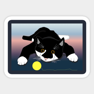 Cute Tuxedo cat chasing a ball  Copyright TeAnne Sticker